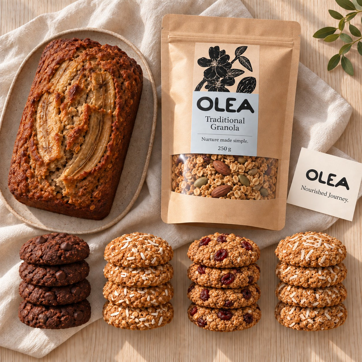 Banana bread, granola and four flavours of cookies