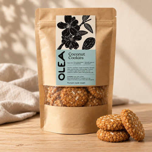 OLEA Coconut Cookies in its kraft pouch