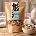 OLEA Coconut Granola in its kraft pouch