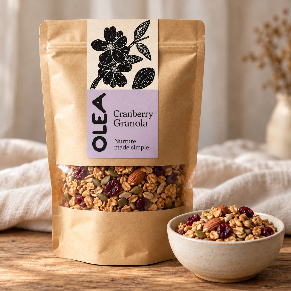 OLEA Cranberry Granola in its kraft pouch