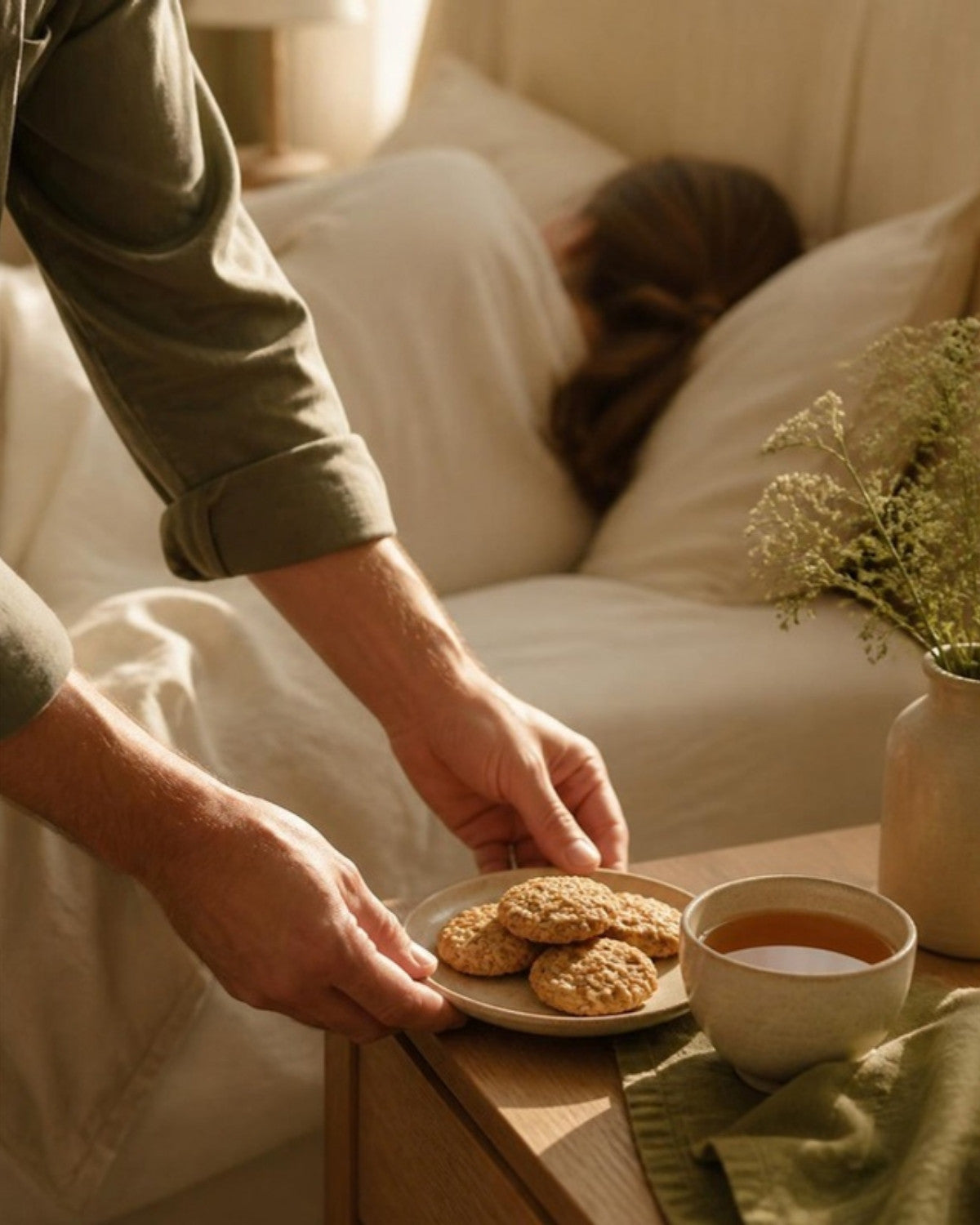 A man leaving cookies and tea on the bedside table for his sleeping wife