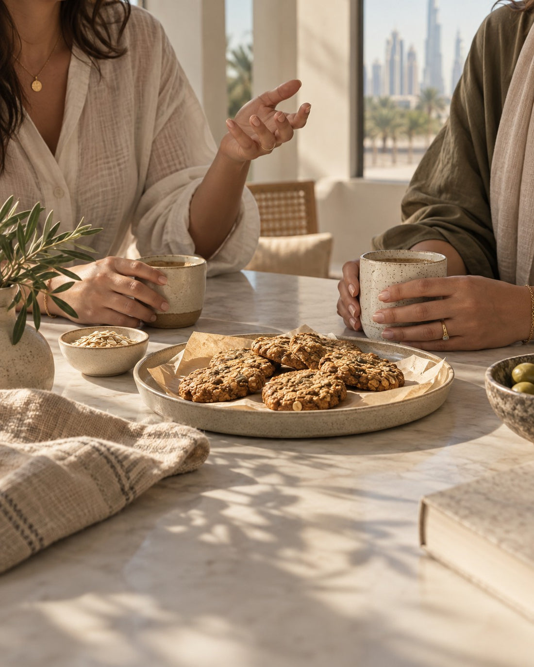 Two mothers sharing coffee and homemade cookies at a kitchen table in Dubai